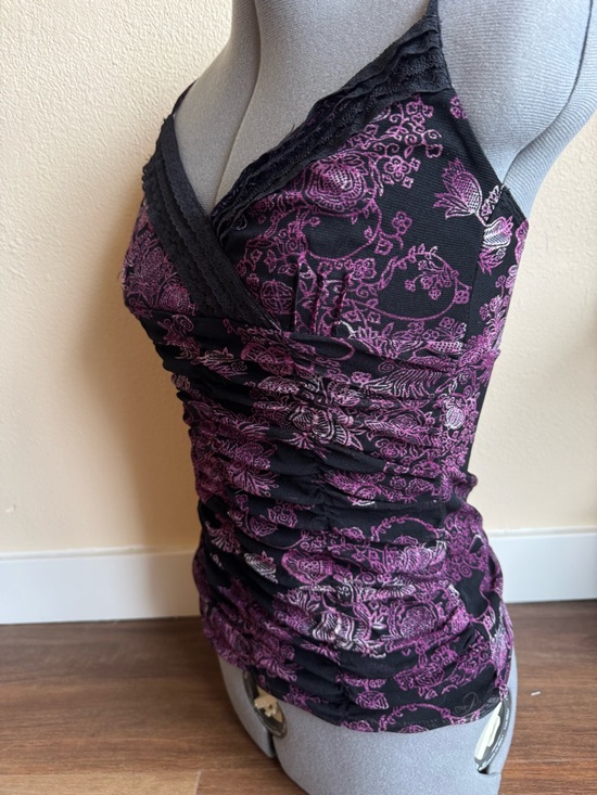 Mexx Black & Purple Floral Lace Trim Cami Top Ruched V-Neck Y2K Sheer Mesh Tank - Picture 5 of 12